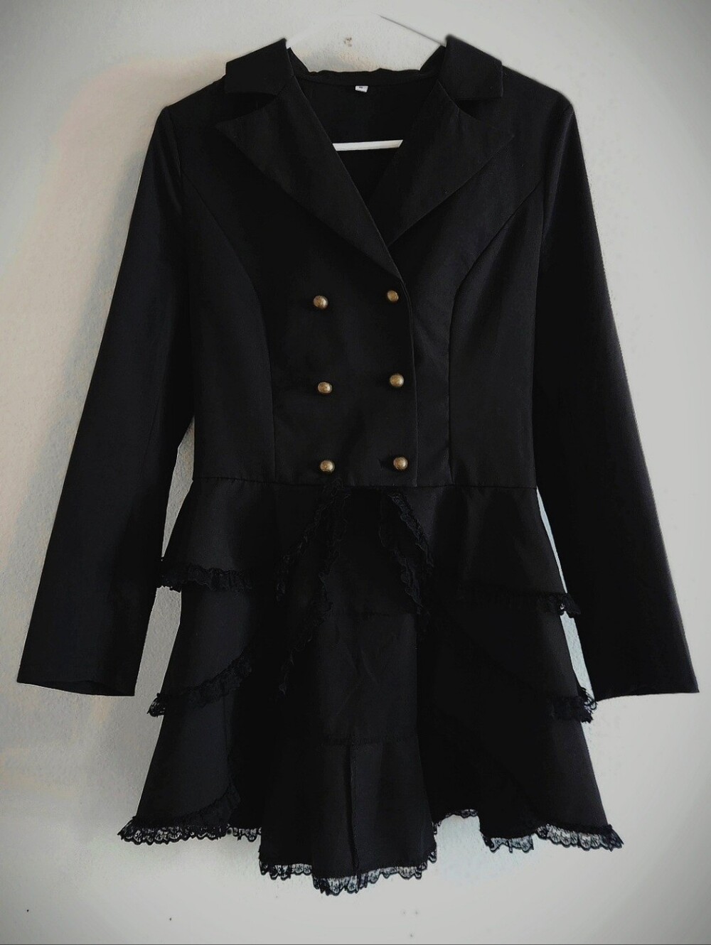 Victorian Steampunk Coat with Ruffle Lace Hem and Gold Buttons